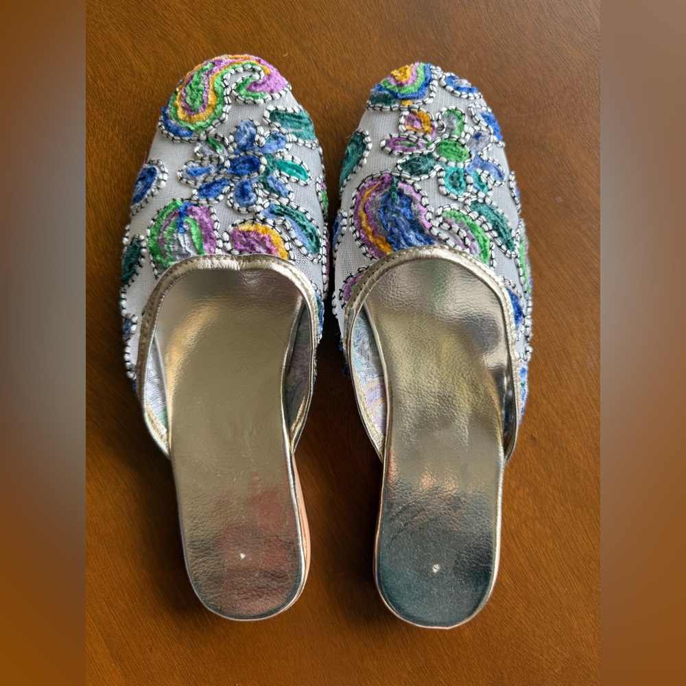 Embroidered & Mesh Slip-On Mules - Multicolor & Gold